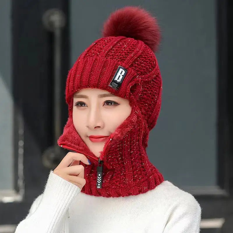 Warm Women's Knitted Balaclava - Ribbed Cotton Blend