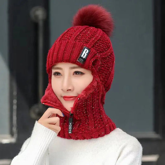 Warm Women's Knitted Balaclava - Ribbed Cotton Blend