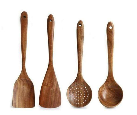 4pcs Teak Wooden Utensil Set – Premium Non-Scratch Kitchen Tools, Handcrafted Teak for Long-Lasting Durability