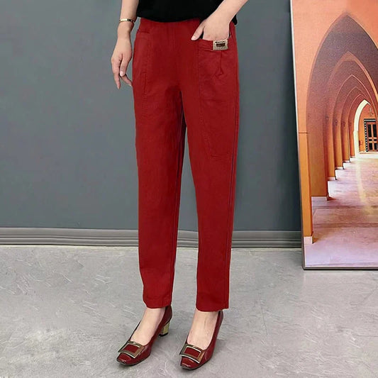 Comfortable Women's Cotton Pants with Elastic Waistband, Relaxed Slim Fit, Multiple Colors Available-1