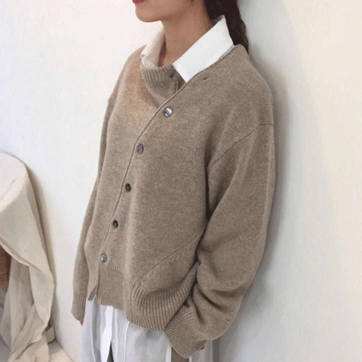 Soft Relaxed Women’s Cardigan - Asymmetrical Button, Knit