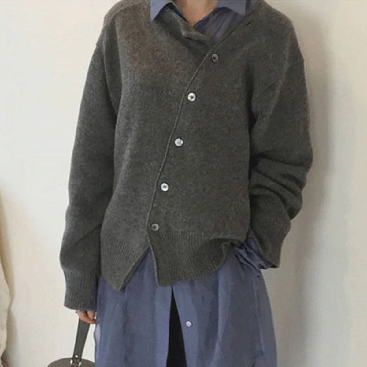 Soft Relaxed Women’s Cardigan - Asymmetrical Button, Knit