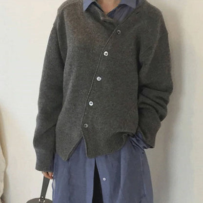 Soft Relaxed Women’s Cardigan - Asymmetrical Button, Knit