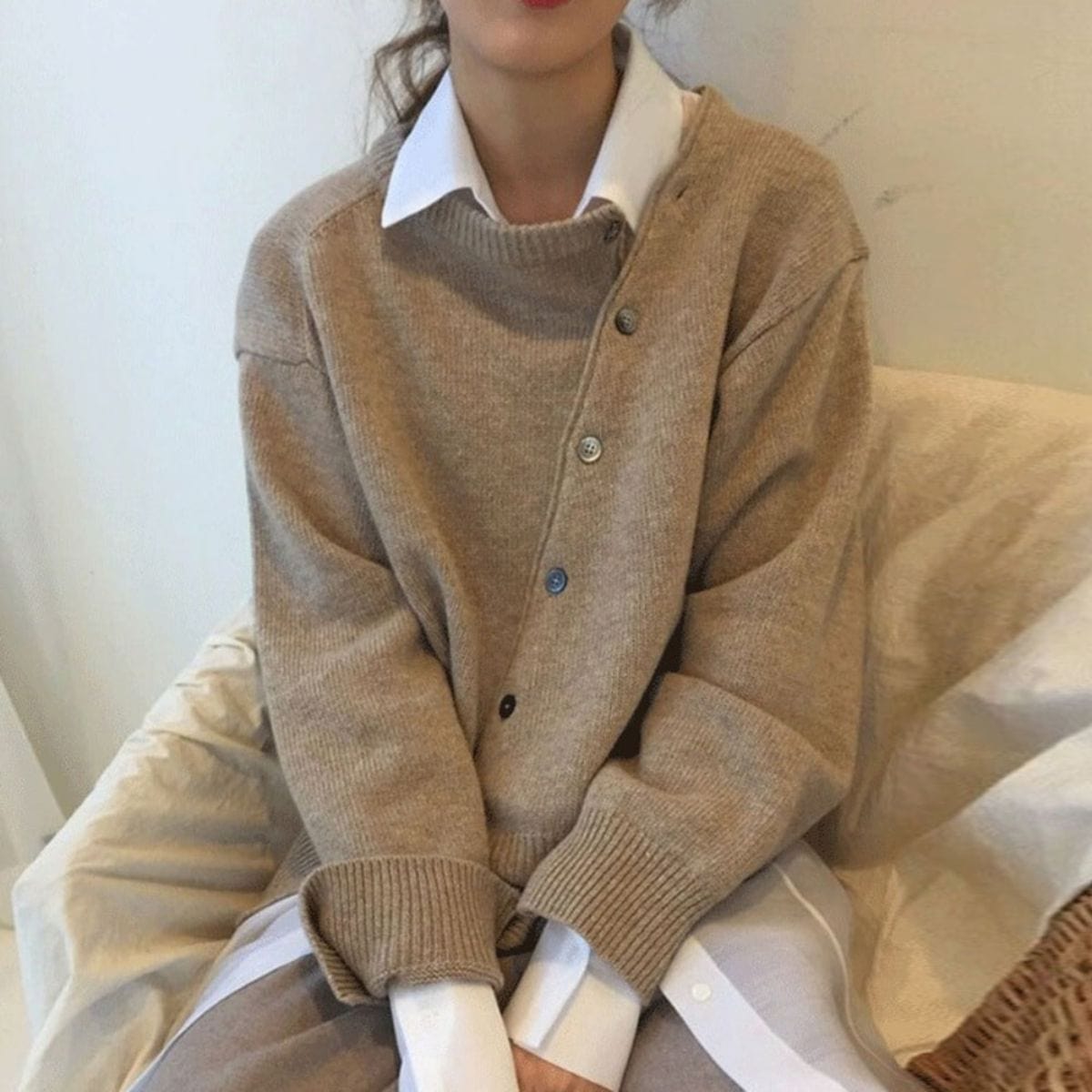 Soft Relaxed Women’s Cardigan - Asymmetrical Button, Knit