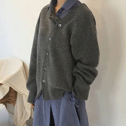 Soft Relaxed Women’s Cardigan - Asymmetrical Button, Knit