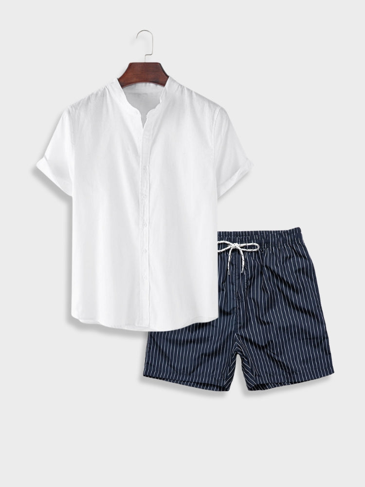 Lightweight Cotton Shirt and Breathable Polyester Shorts Set for Summer Casual Elegance-1