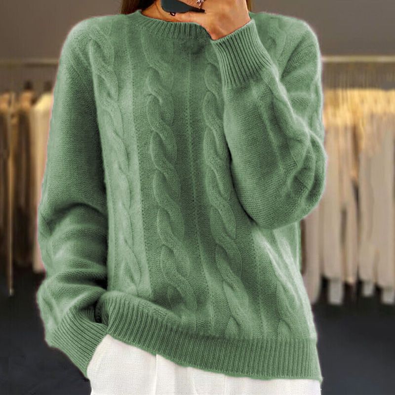 Warmer Damenpullover mit Zopfmuster - Oversized Rundhalsausschnitt, Wolle