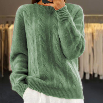 Warmer Damenpullover mit Zopfmuster - Oversized Rundhalsausschnitt, Wolle