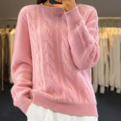 Warmer Damenpullover mit Zopfmuster - Oversized Rundhalsausschnitt, Wolle