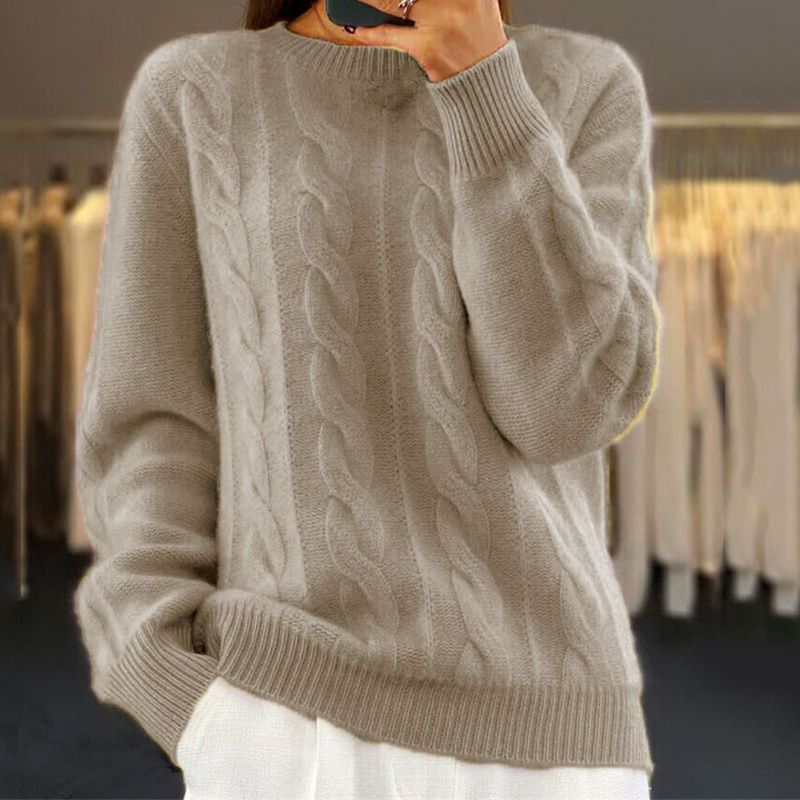 Warmer Damenpullover mit Zopfmuster - Oversized Rundhalsausschnitt, Wolle