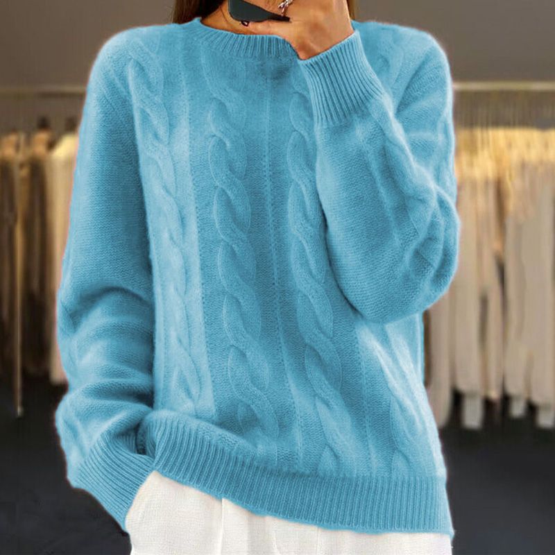 Warmer Damenpullover mit Zopfmuster - Oversized Rundhalsausschnitt, Wolle