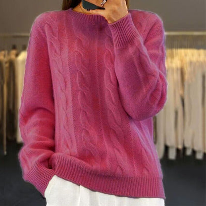 Warmer Damenpullover mit Zopfmuster - Oversized Rundhalsausschnitt, Wolle