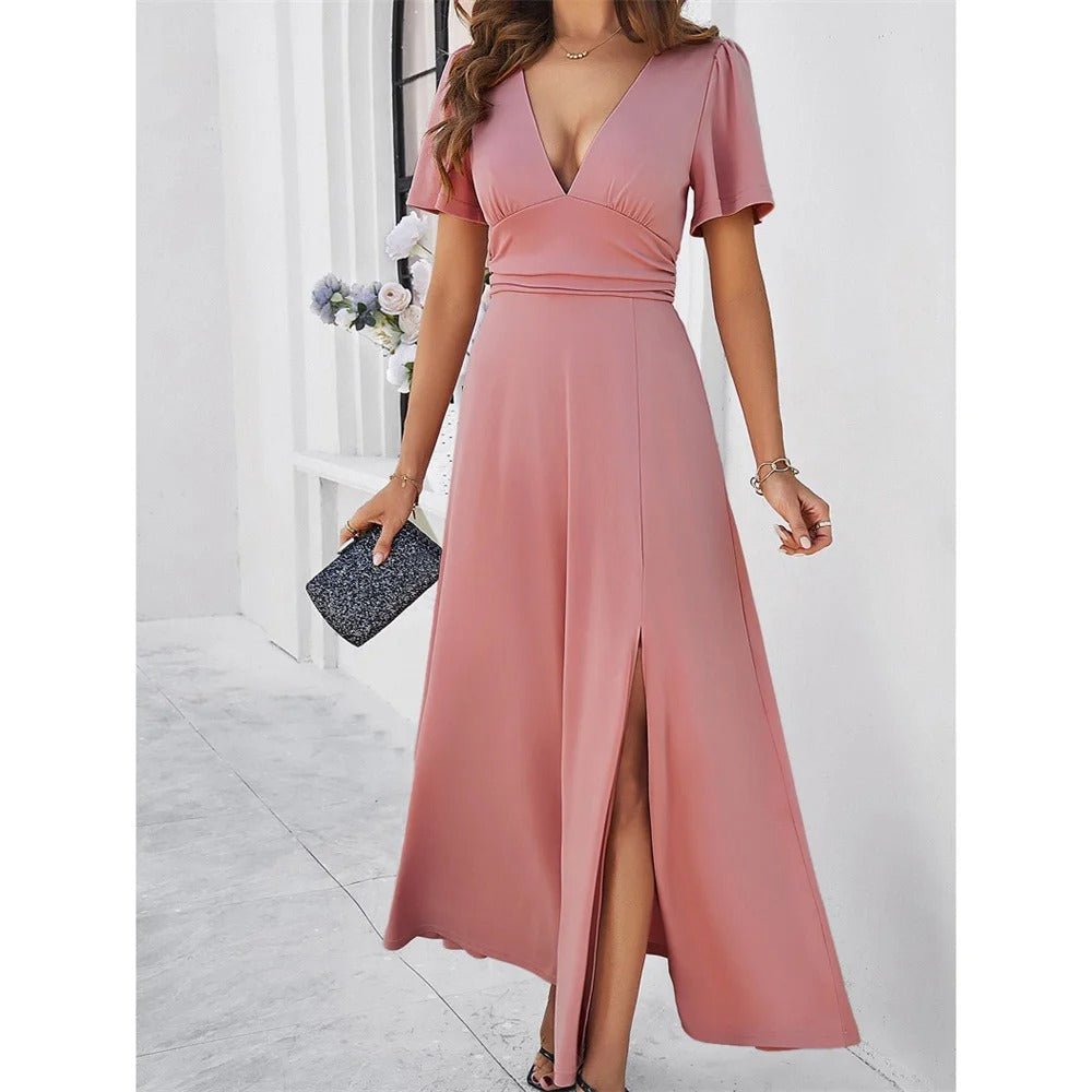 Variant image for V-Neck Slim White Dress for Women with High Slit, Short Sleeves, Perfect for Summer and Elegant Evenings-5