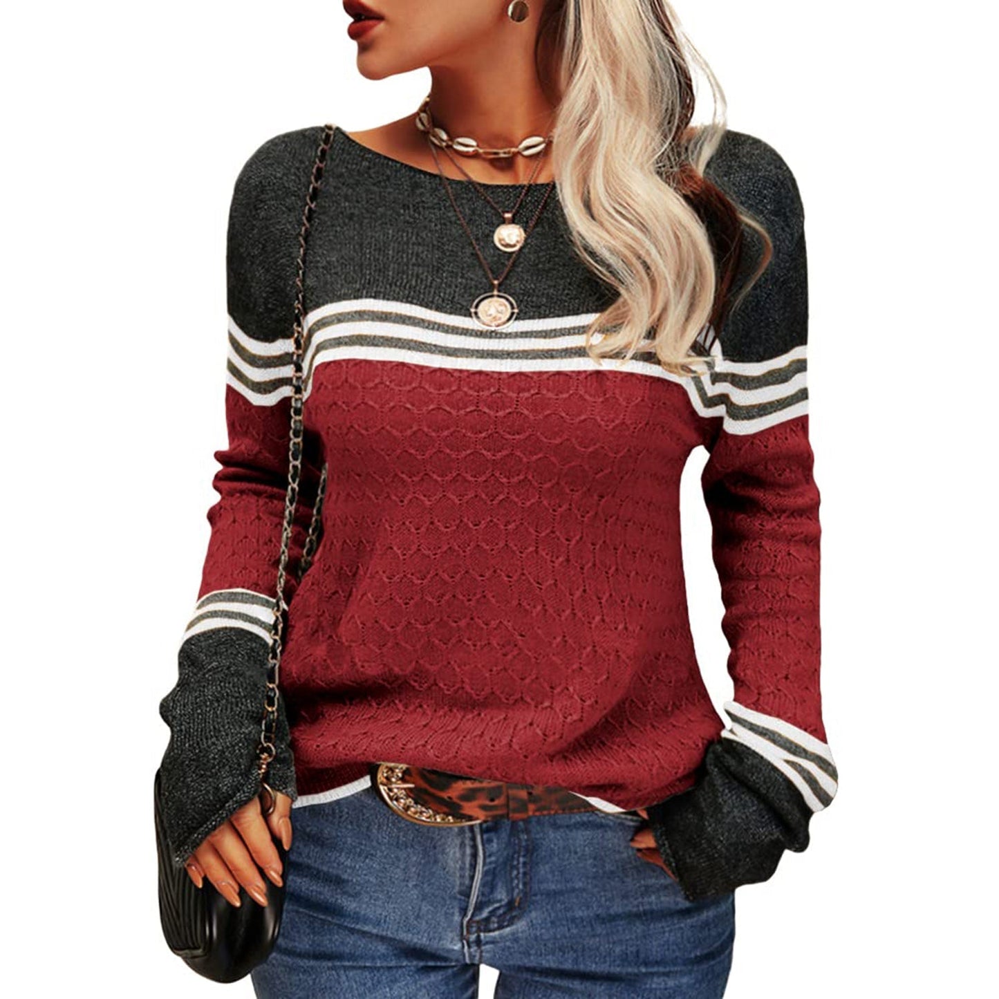 Zachte Damestrui - Losse Color Block Gebreide Trui, Casual