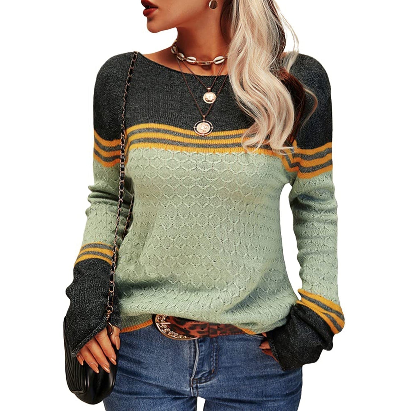 Zachte Damestrui - Losse Color Block Gebreide Trui, Casual