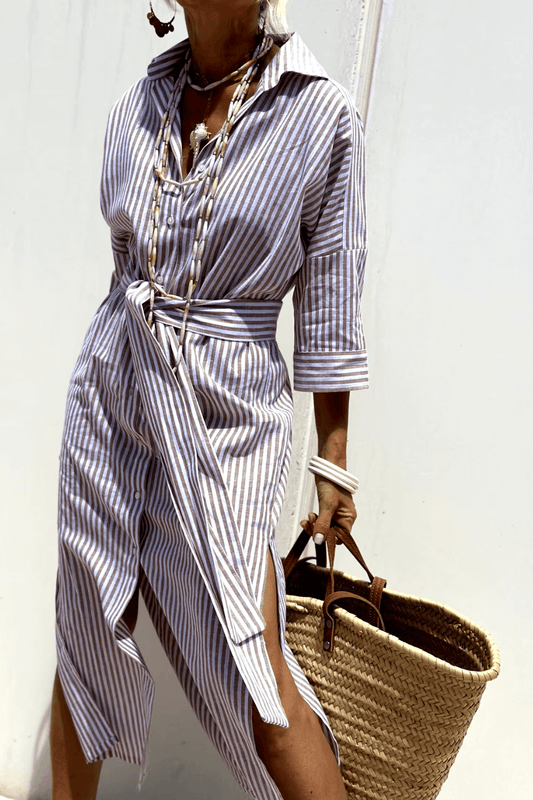 Elegant Women's Blouse Dress in Lightweight Breathable Fabric, Versatile Styling with Classic Button Strip, Available in Pink and Beige-1