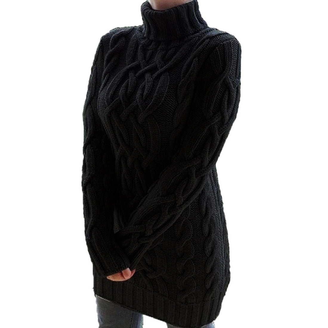Varm dame rullekravesweater - kabelstrikket tunika, efterår