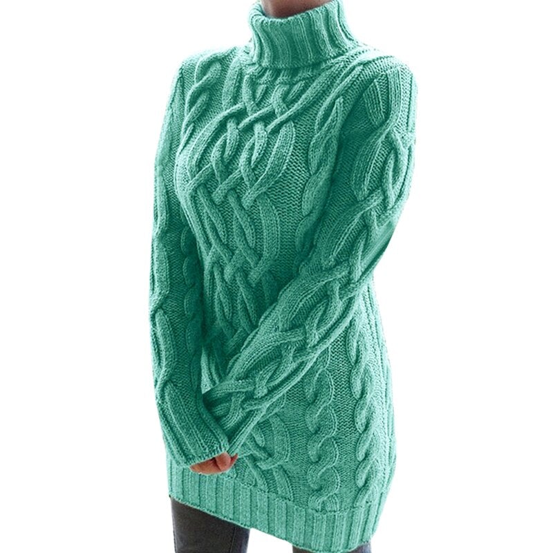 Varm dame rullekravesweater - kabelstrikket tunika, efterår