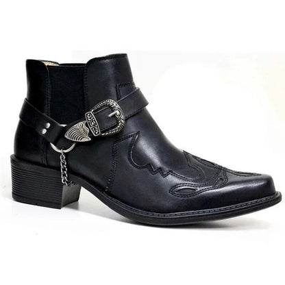 Handmade Leather Cowboy Boots for Men with Chain Buckle, Durable Motorcycle Style, Comfortable Fit-1